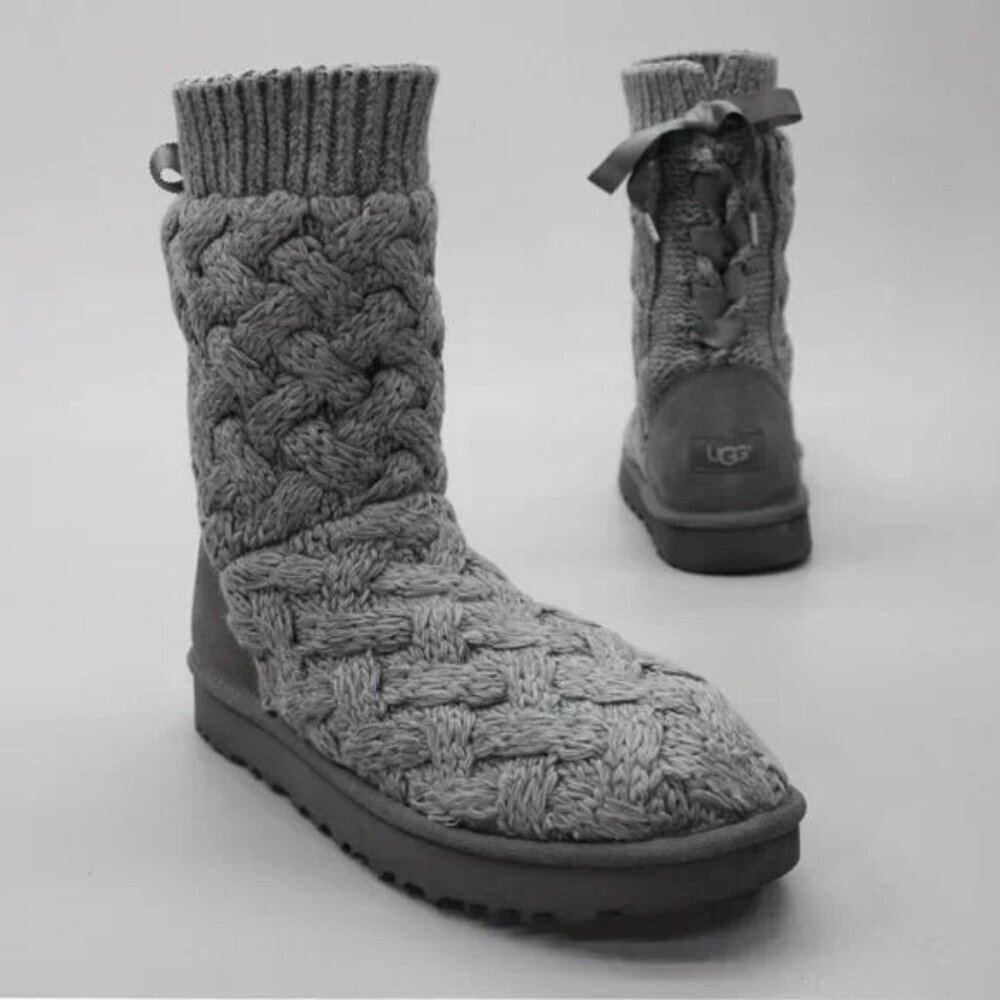 UGG Australia‎ Isla Gray Cable Knit Winter Boots Ribbon Lace Tie Women’s Size 7